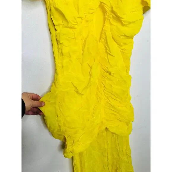 DE LA VALI Yellow Middle Front Cutout Ruching Flowy Sheer Skirt Olympia Gown 14 - Picture 8 of 16